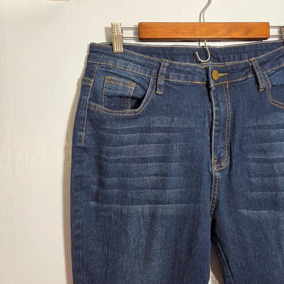 Unbranded Extra Large Faded Dark Denim Blue Raw Hem High Flare Casual Jeans - Picture 3 of 8